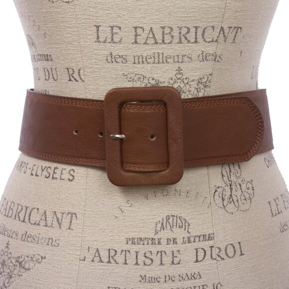 Women's 2 1/4" Wide High Waist Rectangular Stitch-edged Leather Belt - Picture 2 of 3
